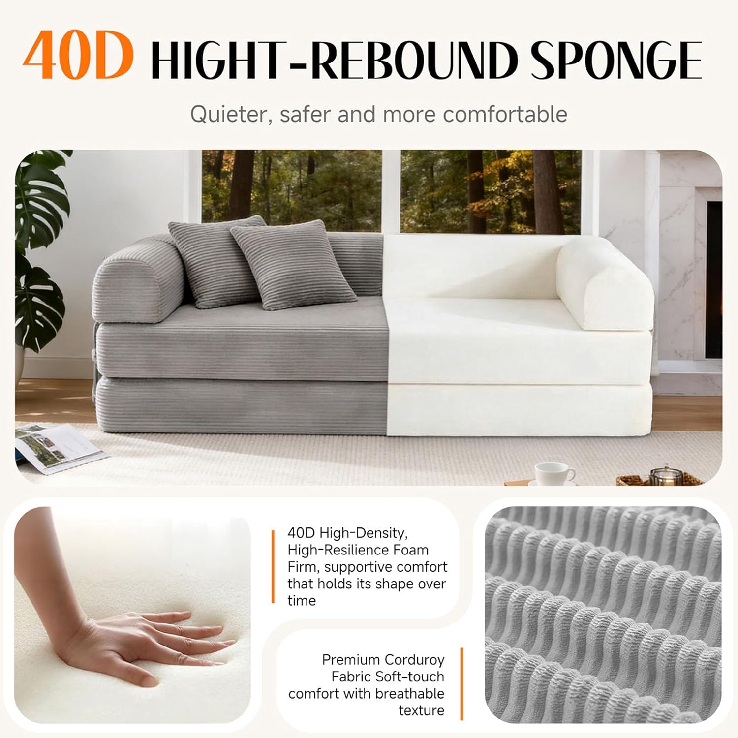 79'' Convertible Sofa Bed, Boneless Couch-in-a-Box, Corduroy Floor Futon Loveseat Sleeper, 26'' Deep Seat, Removable Machine-Wash Covers, No Assembly, 2 Pillows, Light Grey