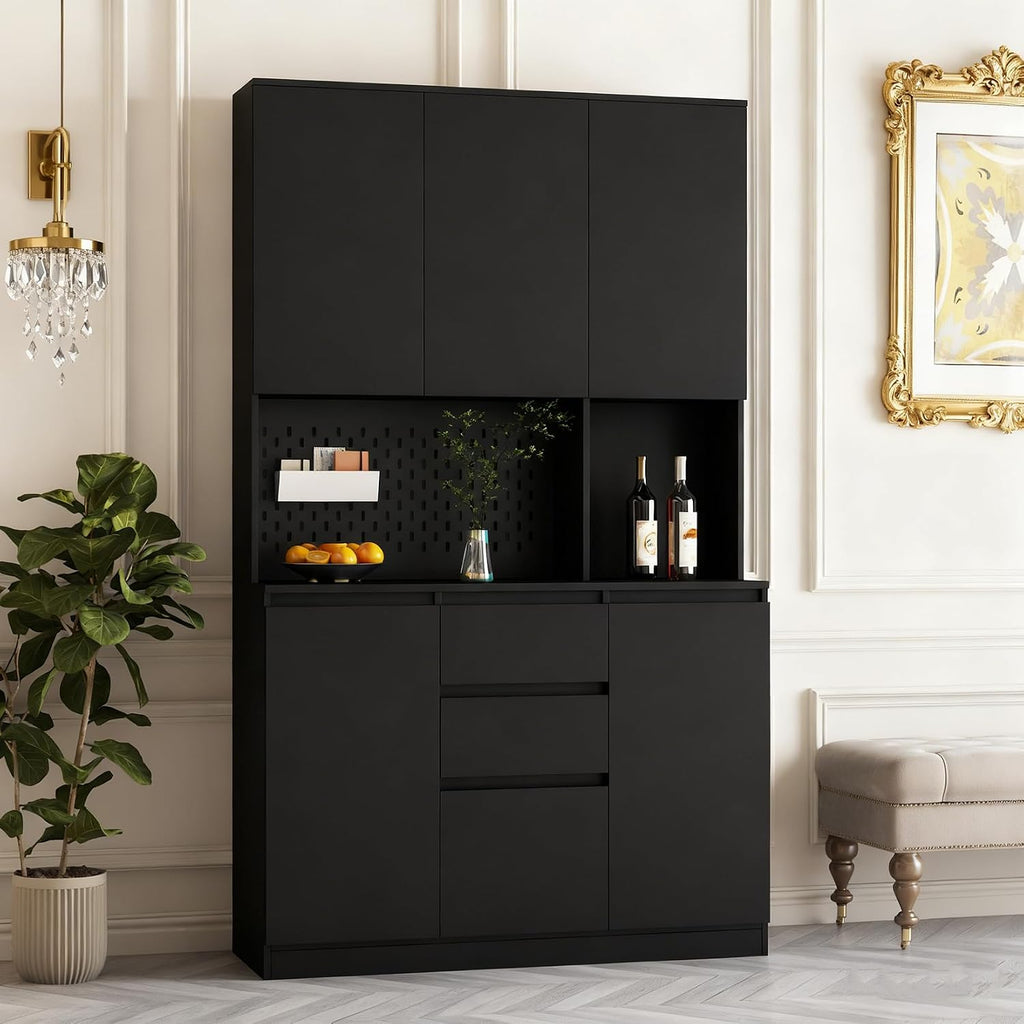 74" Kitchen Pantry Cabinet with Microwave Stand Tall Pantry Storage Cupboard with 6 Doors,3 Shelves and 2 Drawer Modern Kitchen Hutch with Countertop, Black A