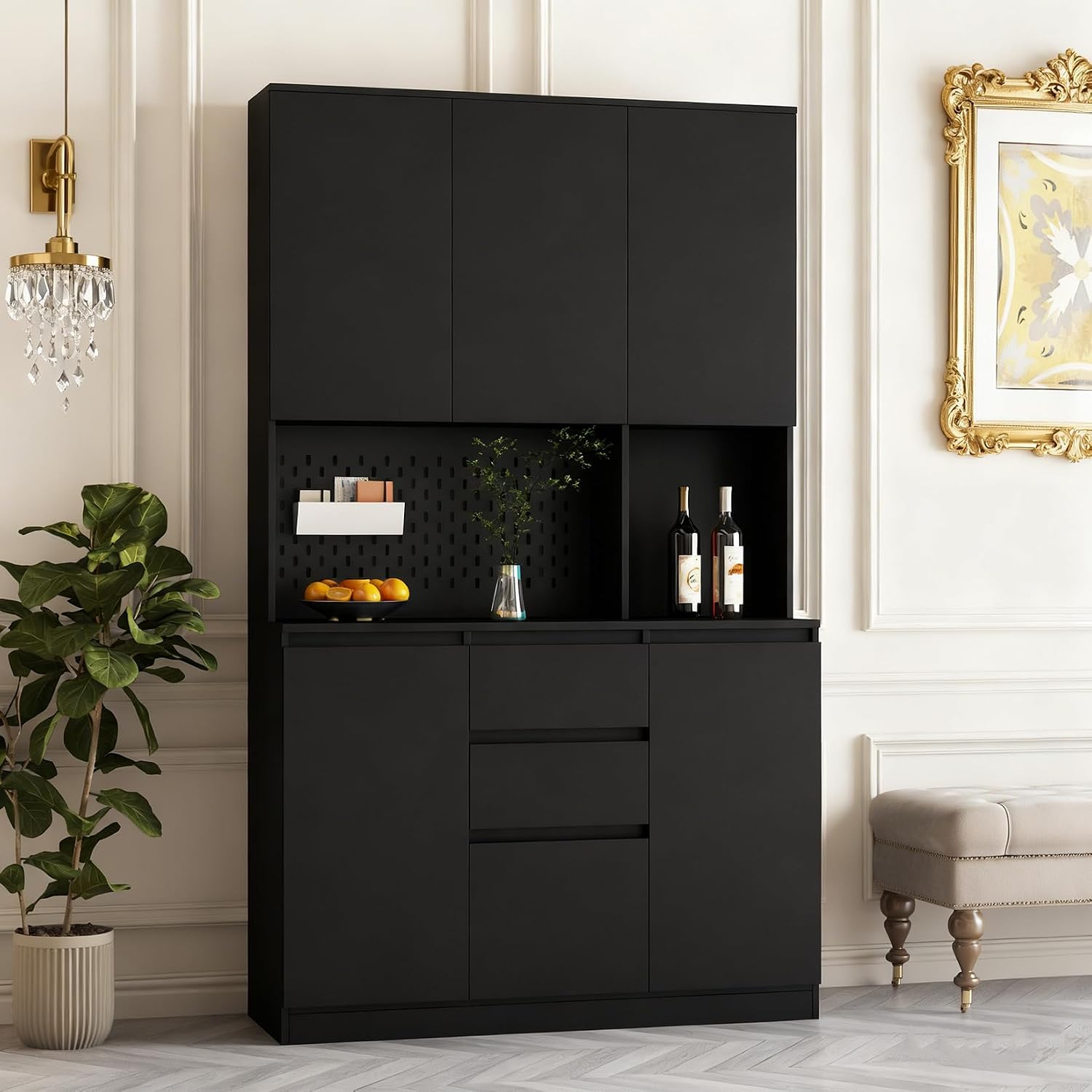74" Kitchen Pantry Cabinet with Microwave Stand Tall Pantry Storage Cupboard with 6 Doors,3 Shelves and 2 Drawer Modern Kitchen Hutch with Countertop, Black A