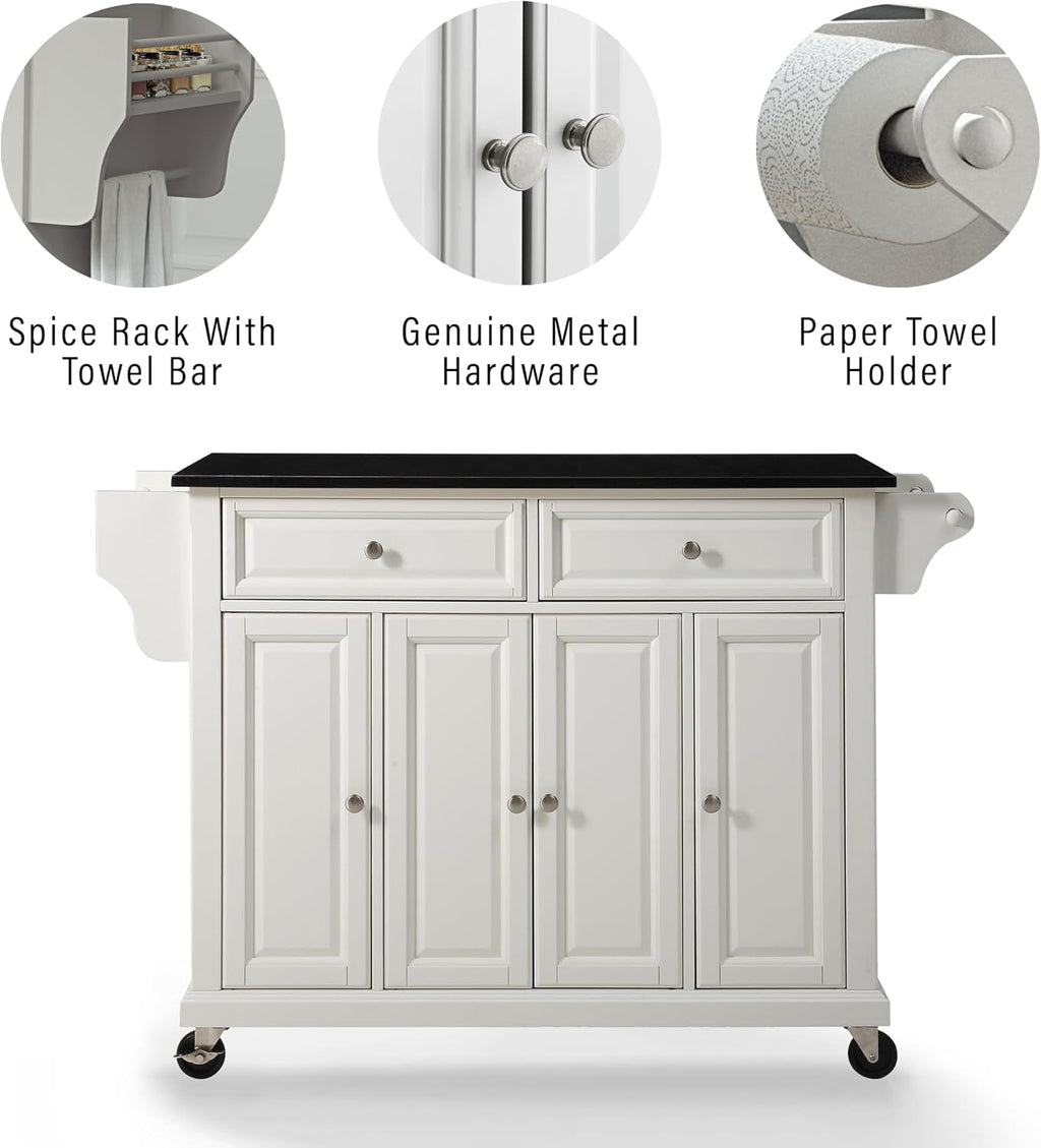 Crosley Furniture Full Size Granite Top Rolling Kitchen Island Storage Cart, Microwave Stand, Spice Rack, White