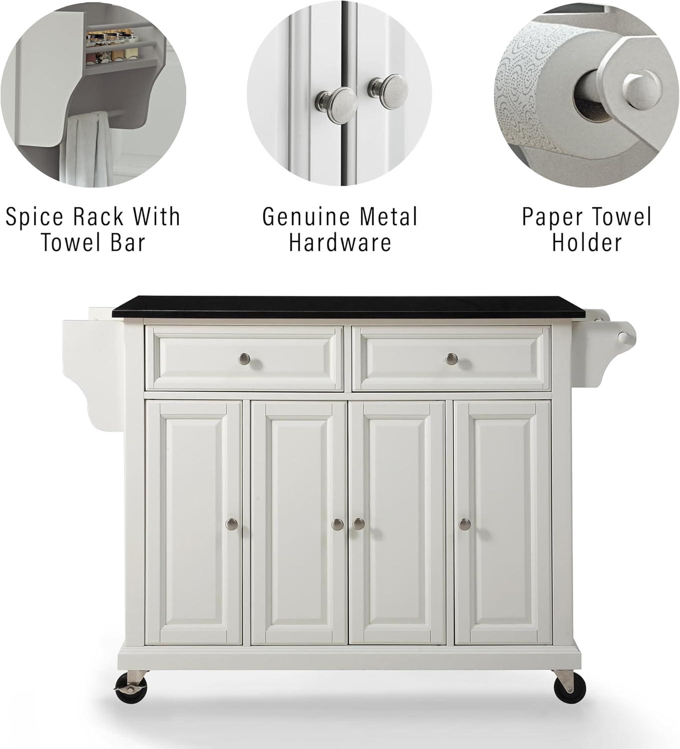 Crosley Furniture Full Size Granite Top Rolling Kitchen Island Storage Cart, Microwave Stand, Spice Rack, White