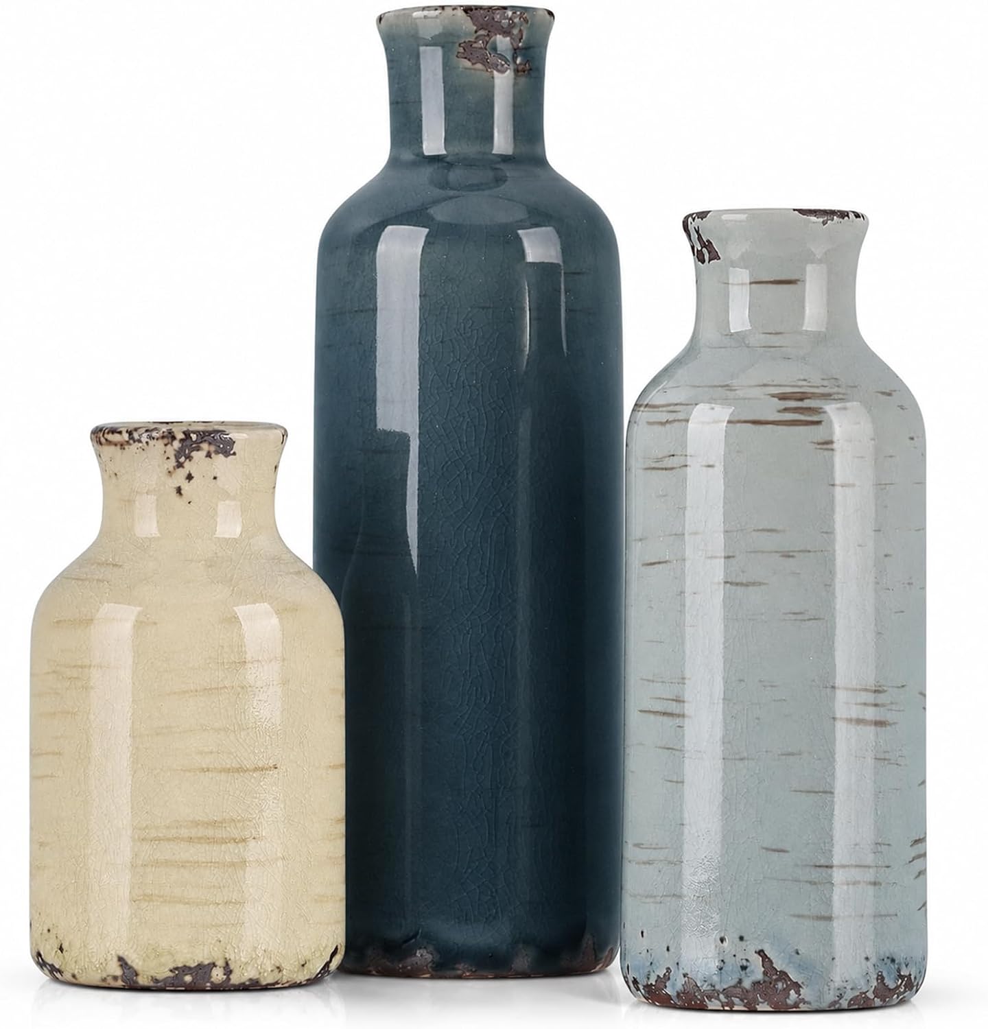 Ceramic Vase Set of 3 for Home Decor, Multicolor Coastal Rustic Farmhouse Decorative Vases, Distressed Blue Grey Beige Ceramic Flower Vase Set for Shelf Table Mantel Entryway Decor