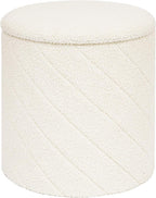 Round Boucle Storage Ottoman with Reversible Wood Tray, 17.7" Sherpa Cylinder Footrest Stool with Storage, Upholstered Folding Ottoman Coffee Table for Living Room Bedroom Dorm, White