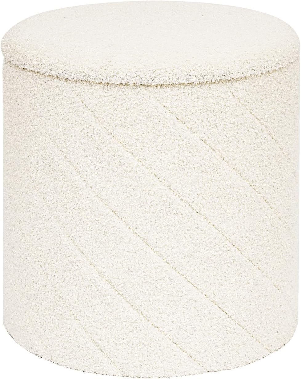 Round Boucle Storage Ottoman with Reversible Wood Tray, 17.7" Sherpa Cylinder Footrest Stool with Storage, Upholstered Folding Ottoman Coffee Table for Living Room Bedroom Dorm, White