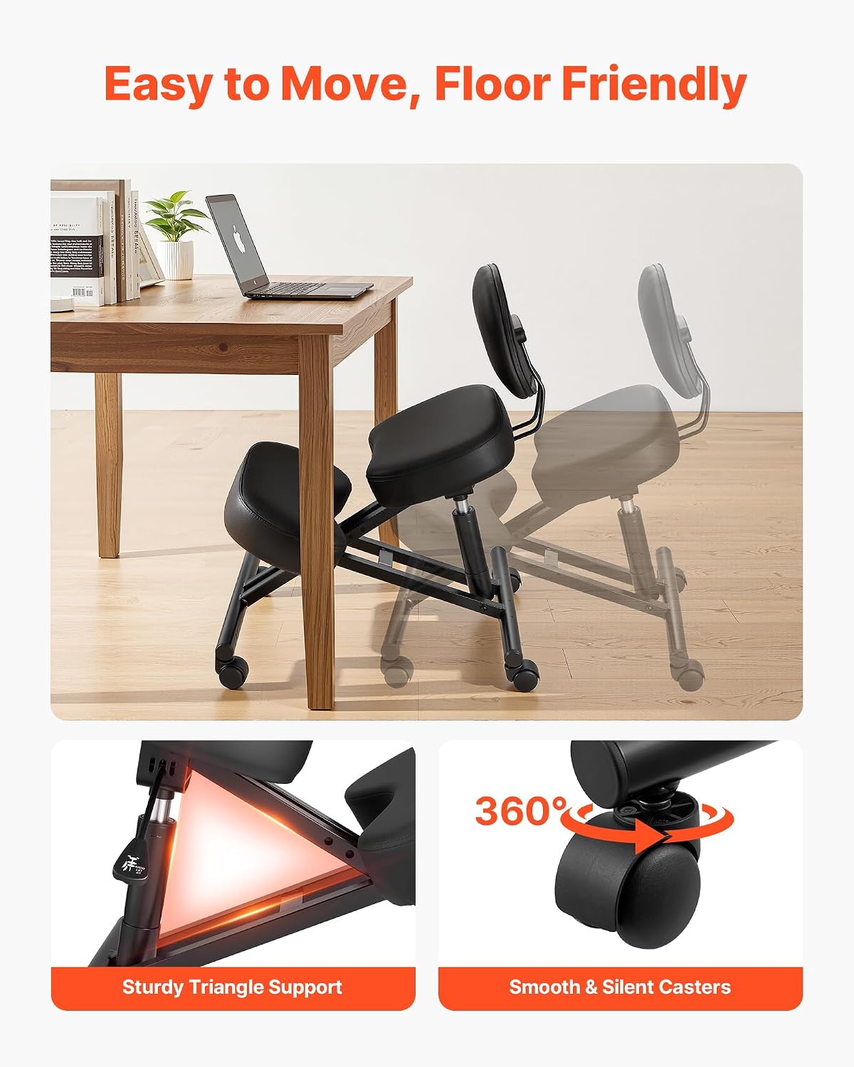 VEVOR Ergonomic Kneeling Chair with Backrest & Wheels, Mobile X-Shaped Posture Knee Chair with Adjustable Height & Thick Foam Cushions, Relief for Neck or Back Pain for Home, Office, Meditation, Black