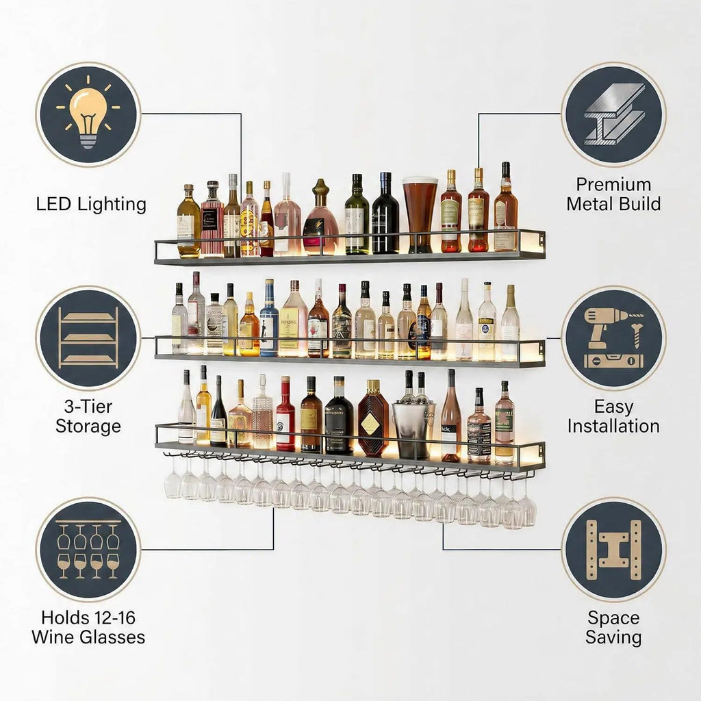 39.4" Wall Mounted Wine Rack with Lights, 3-Tier Floating Bar Shelf | Holds Wine Bottles & Hanging Glasses, for Home Bar/Cafe/Dining Room, Modern Decor, Easy Wall Install