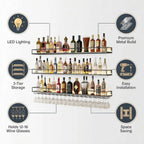 39.4" Wall Mounted Wine Rack with Lights, 3-Tier Floating Bar Shelf | Holds Wine Bottles & Hanging Glasses, for Home Bar/Cafe/Dining Room, Modern Decor, Easy Wall Install