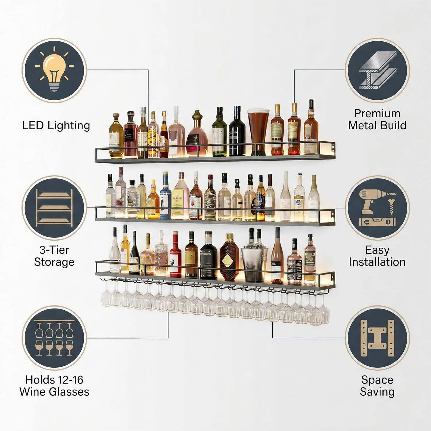 39.4" Wall Mounted Wine Rack with Lights, 3-Tier Floating Bar Shelf | Holds Wine Bottles & Hanging Glasses, for Home Bar/Cafe/Dining Room, Modern Decor, Easy Wall Install