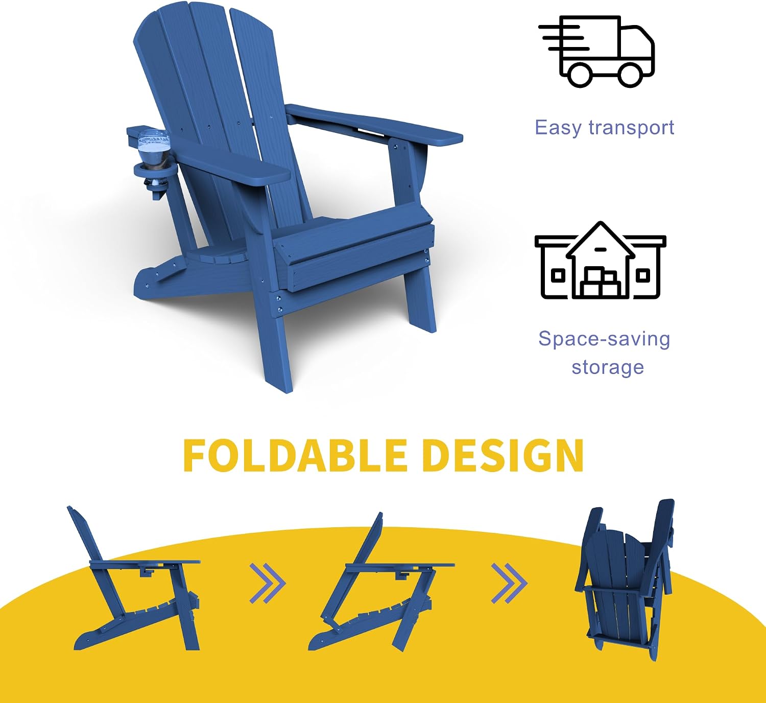 Kingdura Foldable Adirondack Chairs Set of 4, Portable HDPE All Weather Resistant Outdoor Patio Chair, Wooden Textured with Cup Holder, 380LBS Capacity for Poolside, Backyard, Fire Pit (Navy Blue)