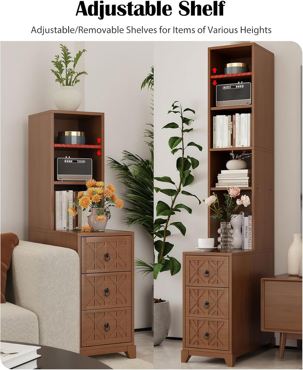 Kavie Wood Narrow Tall End Tables, Nightstand with Open Shelf & 3 Drawers, Adjustable Storage Bookcase for Living Room, Bedroom Corner (White,11.8" L*23.6" W*70.8" H)