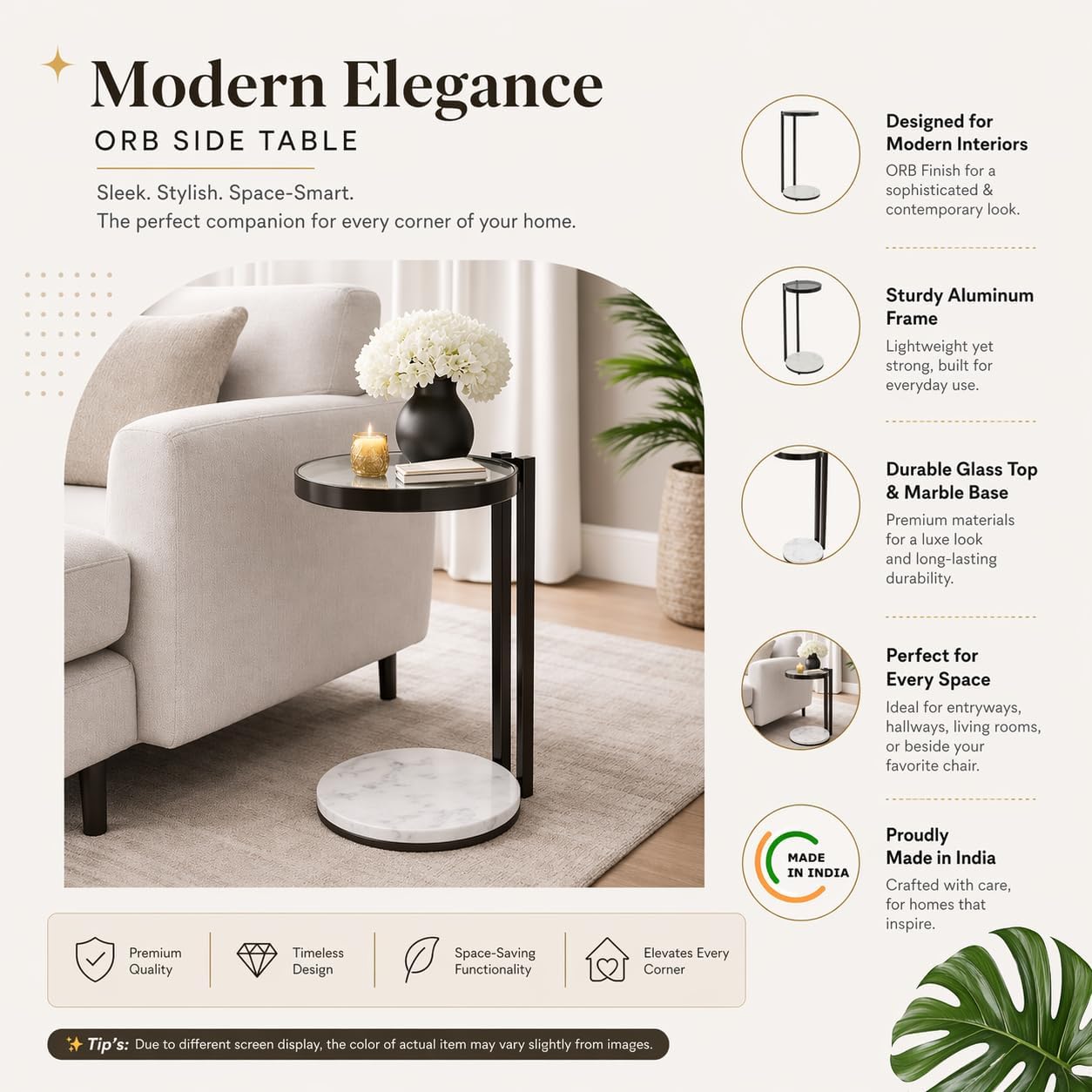 Black Drink Table with Glass Top & White Marble Base | Decorative Modern End Table | Metal Base Side Table | Accent Table for Living Room | 10x10x23.25