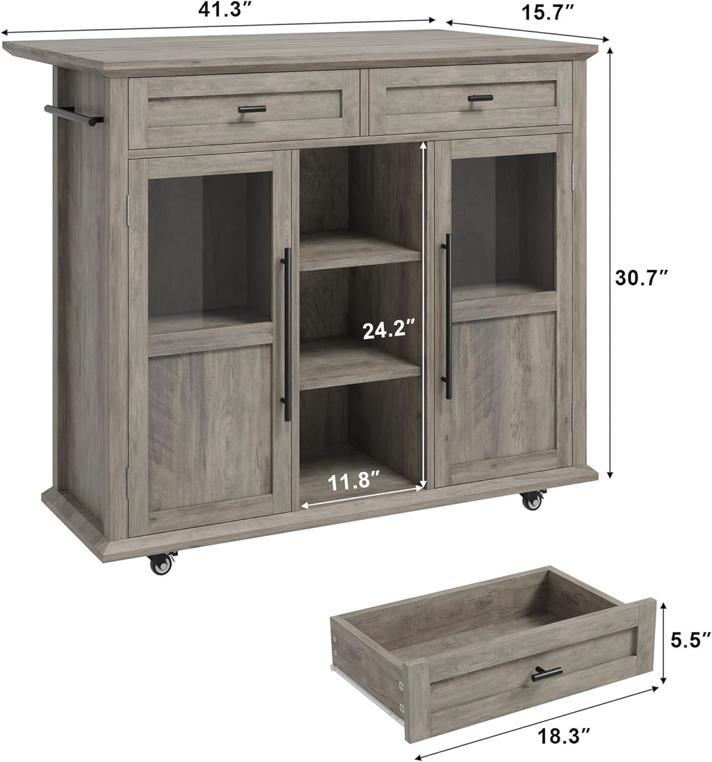 GarveeHome 41 in Rustic Kitchen Island on Wheels - Wood Drop-Leaf Table with 3-Tier Storage, Mobile Coffee Bar Cart (Light Gray)
