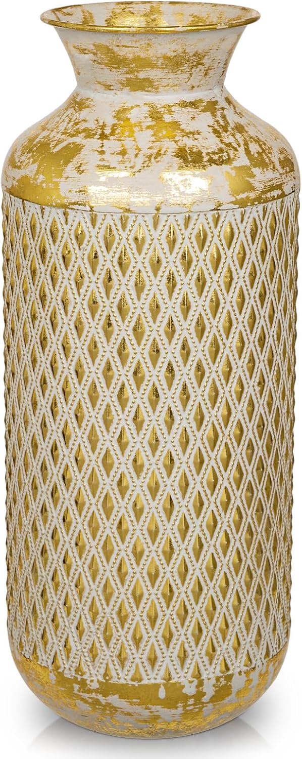 Flower Vase Rustic Metal Vases, 16" Gold Vintage Pattern Vase for Farmhouse Home Décor Artificial Flowers and Centerpieces