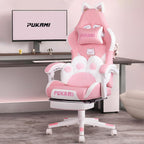 PUKAMI Pink Gaming Chair Cute with Cat Ears and Cat Paw Lumbar Cushion, Ergonomic Computer Chair for Girl with Footrest and Headrest, Comfortable Reclining PC Game Chair for Adult, Teen (Pink)