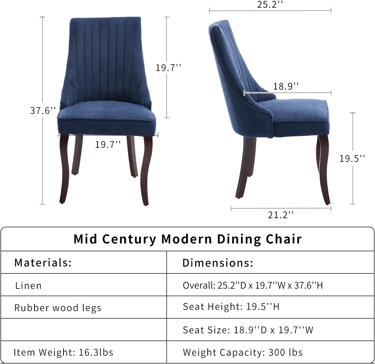 ODUSE-DAILY Navy Mid Century Dining Chairs Set of 4, Modern Kitchen & Dining Room Chairs Set of 4, Linen Upholstered Kitchen Chair, Sillas de Comedor, Wood Legs (Blue, 4 Pcs)