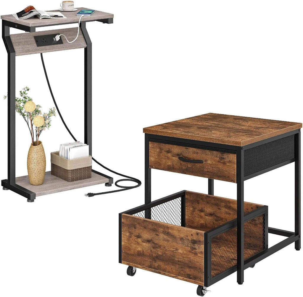 CHOEZON Narrow Side Table with Charging Station and End Table Bundle, Skinny End Table for Small Spaces, Mini Fridge Stand with Storage for Living Room, Bedroom TBZ27UBG-TBZ55BF