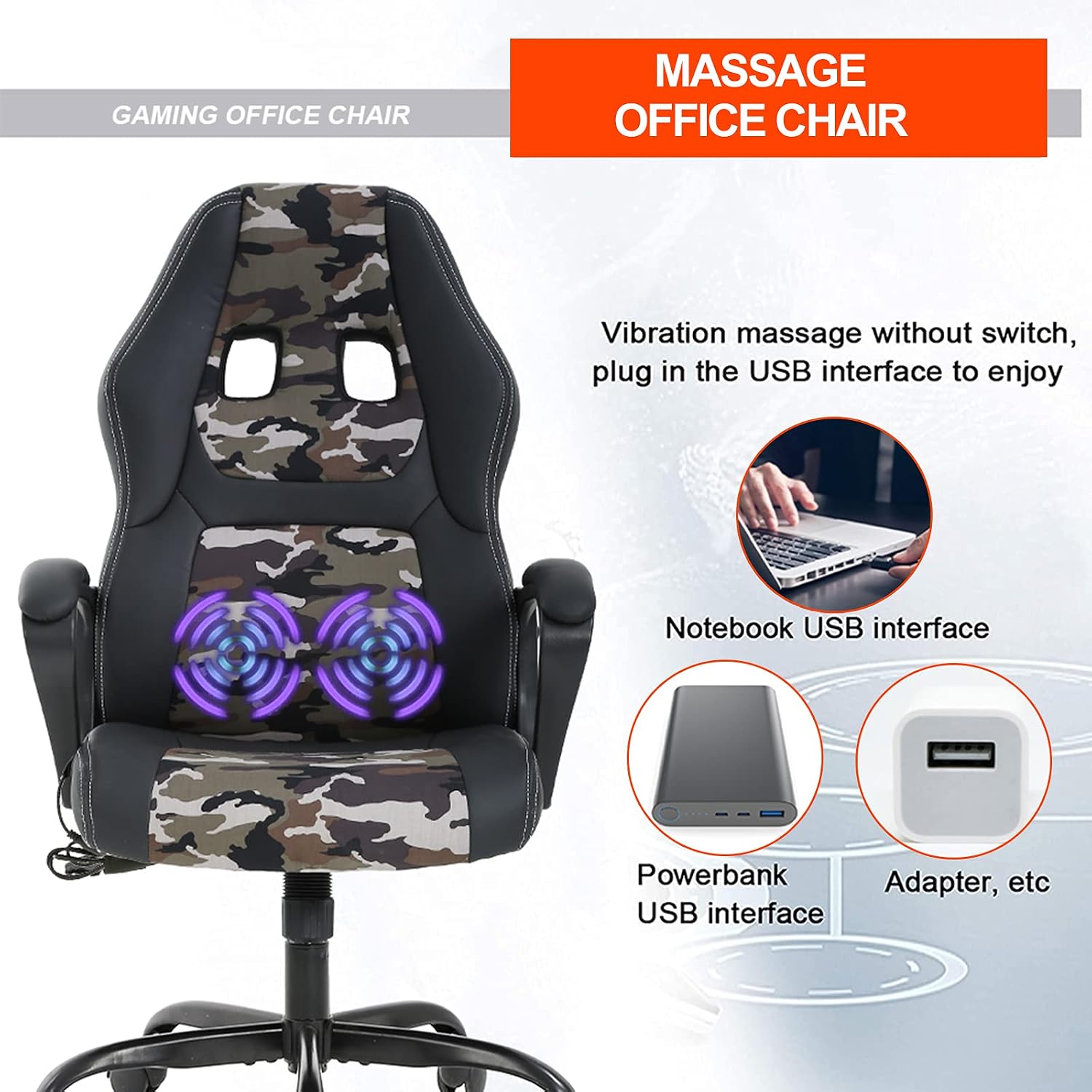 Comfortable Office Chair Massage Office Chair PC Gaming Chair Ergonomic Chair Desk Chair with Lumbar Support Headrest PU Leather Executive High Back Computer Chair Adults, Camo, 20.3x20.1x45.7inch