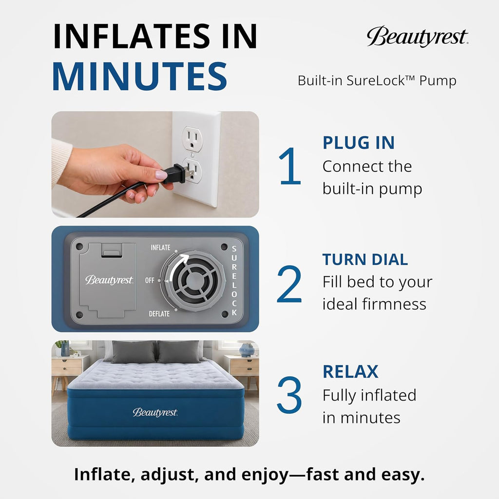 Beautyrest SensAir 20" Air Mattress, Full Size, Sure-Lock Anti-Leak Pump, Cool Vent Topper, Off-Set Coil Support