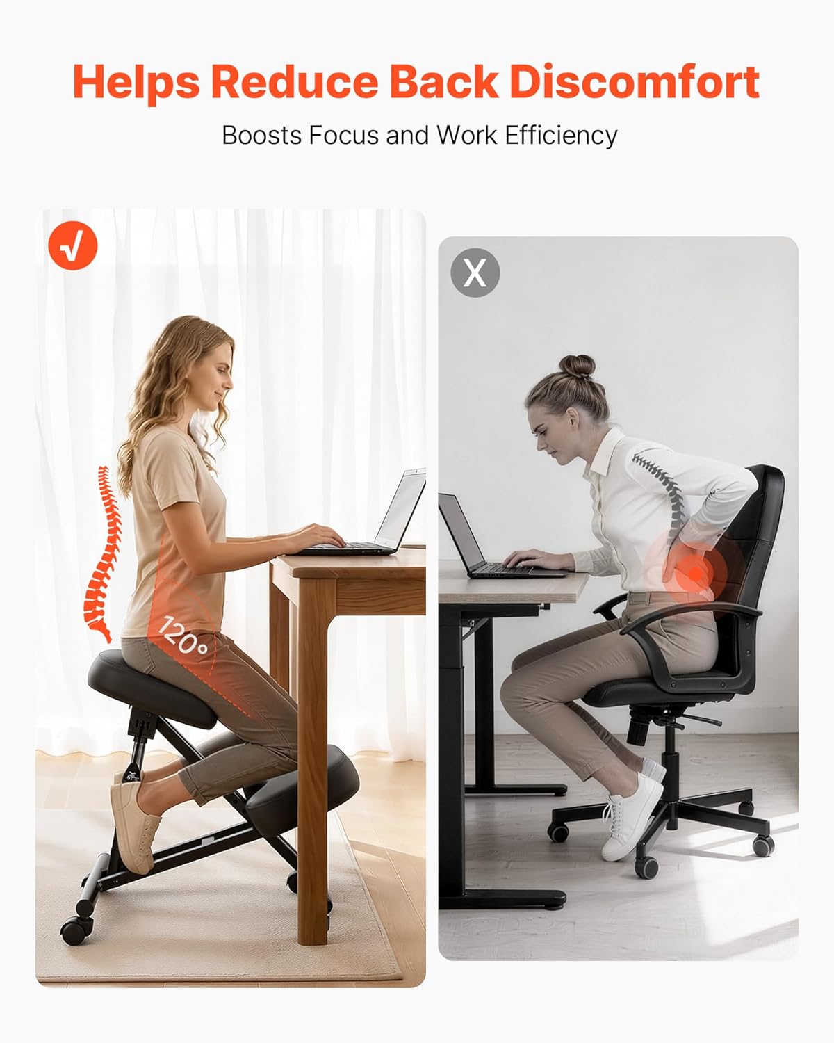 VEVOR Ergonomic Kneeling Chair with Wheels, Mobile X-Shaped Posture Knee Chair with Adjustable Height & Thick Foam Cushions, Natural Relief for Neck or Back Pain for Home, Office or Meditation, Black