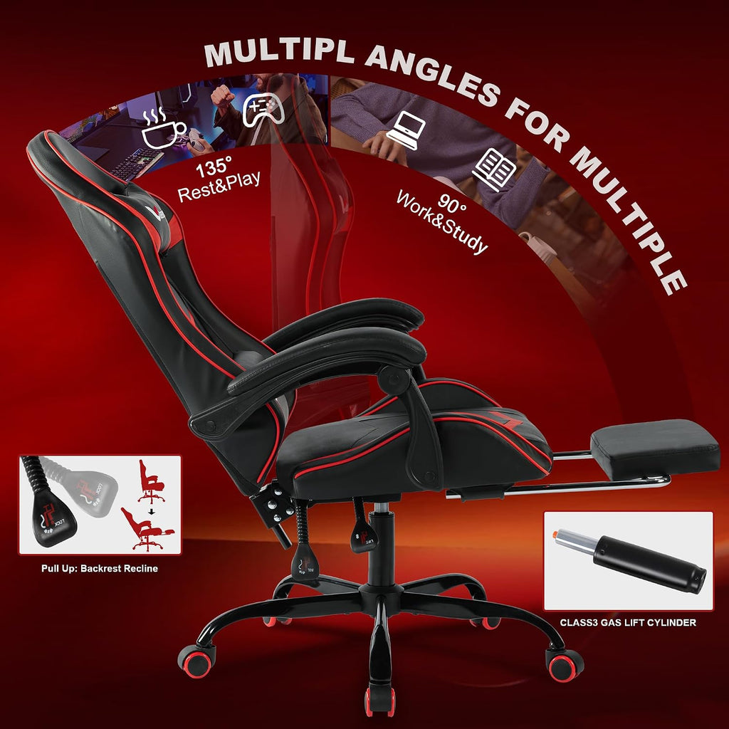 Gaming Chair for Adults, Ergonomic Gamer Chair with Footrest,Pocket Spring Cushion, Computer Office Desk Reclining Chair with Enlarged Metal Base, Linkage Armrests, Lumbar & Headrest Black & Red