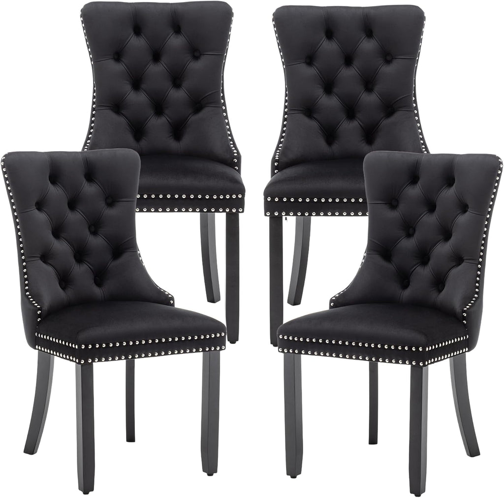 Mid Century Modern Dining Chair Set of 4 Velvet Upholstered Dining Room Chair Farmhouse Dining Accent Chairs with High Back and Nailhead Trim for Kitchen, Living Room, Bedroom (Black)