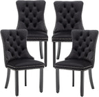 Mid Century Modern Dining Chair Set of 4 Velvet Upholstered Dining Room Chair Farmhouse Dining Accent Chairs with High Back and Nailhead Trim for Kitchen, Living Room, Bedroom (Black)