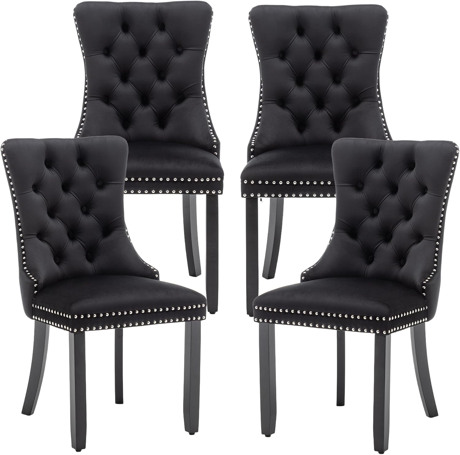 Mid Century Modern Dining Chair Set of 4 Velvet Upholstered Dining Room Chair Farmhouse Dining Accent Chairs with High Back and Nailhead Trim for Kitchen, Living Room, Bedroom (Black)