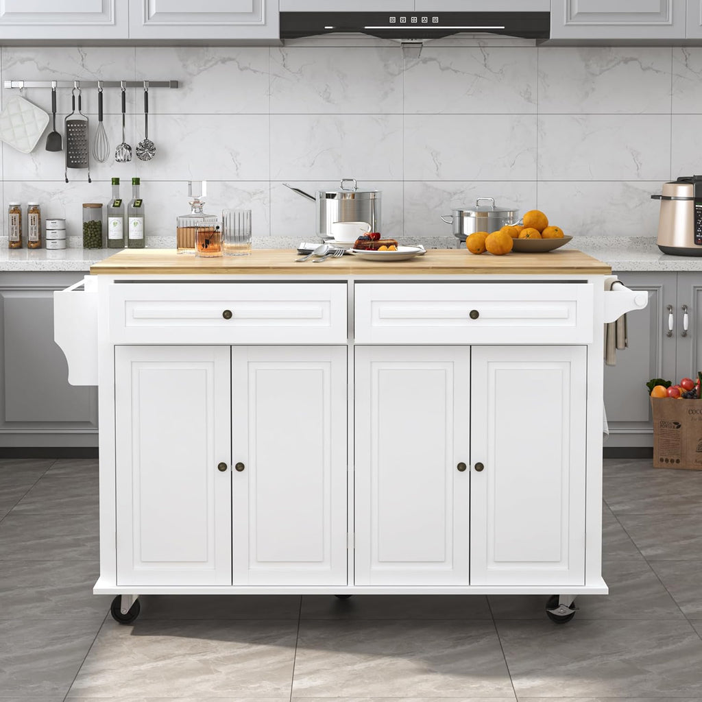 Squireewo 59" Kitchen Cart with Wood Top and Drop Leaf Breakfast Bar, Rolling Mobile Kitchen Island Table on Wheels with Drawer and Storage Cabinet, Spice Rack, Towel Rack, White