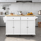 Squireewo 59" Kitchen Cart with Wood Top and Drop Leaf Breakfast Bar, Rolling Mobile Kitchen Island Table on Wheels with Drawer and Storage Cabinet, Spice Rack, Towel Rack, White