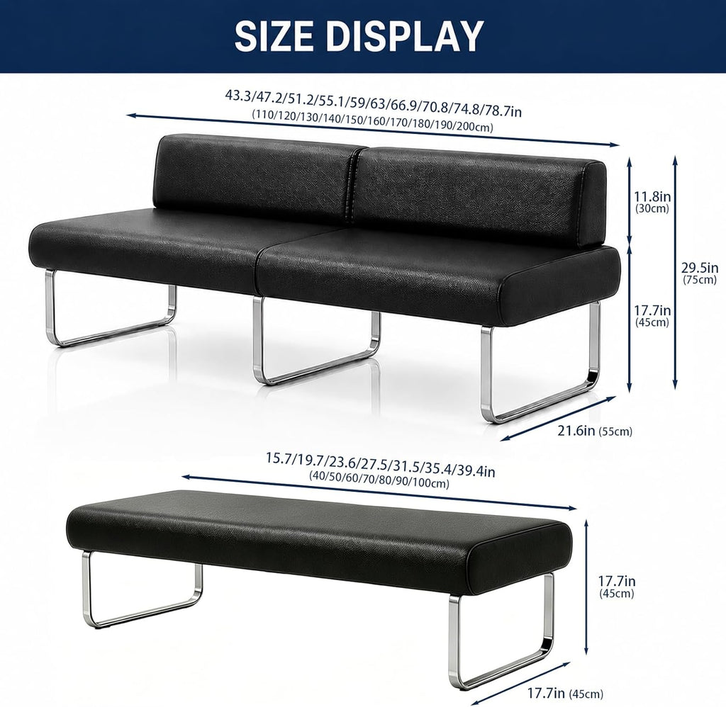 Modern Modular Reception Bench Sofa, Faux Leather Waiting Room Seating with Metal Frame, Upholstered Ottoman Bench for Office Lobby, Salon, Clinic & Lounge Brown 55.1" L × 21.5" W × 31.5" H