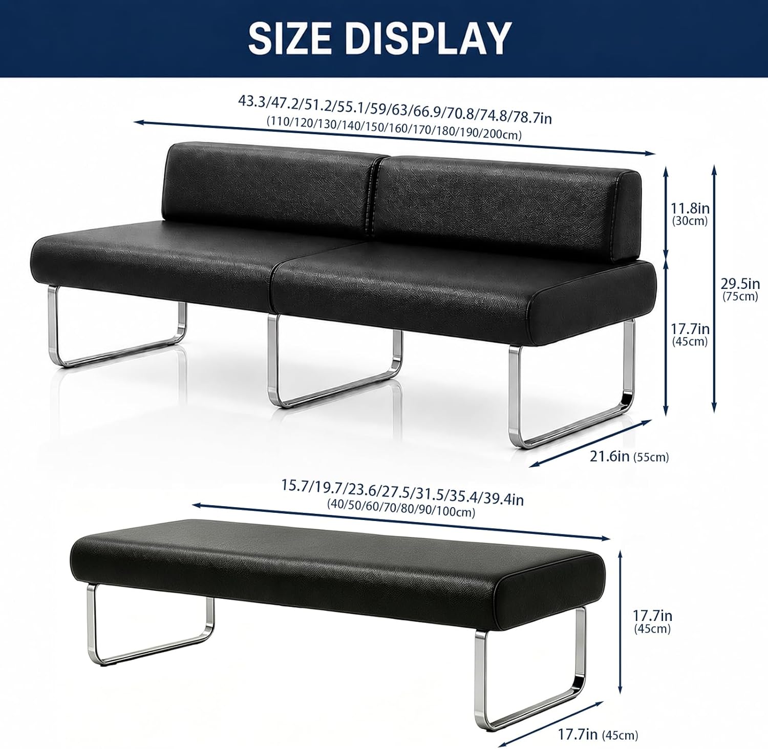 Modern Modular Reception Bench Sofa, Faux Leather Waiting Room Seating with Metal Frame, Upholstered Ottoman Bench for Office Lobby, Salon, Clinic & Lounge Brown 55.1" L × 21.5" W × 31.5" H