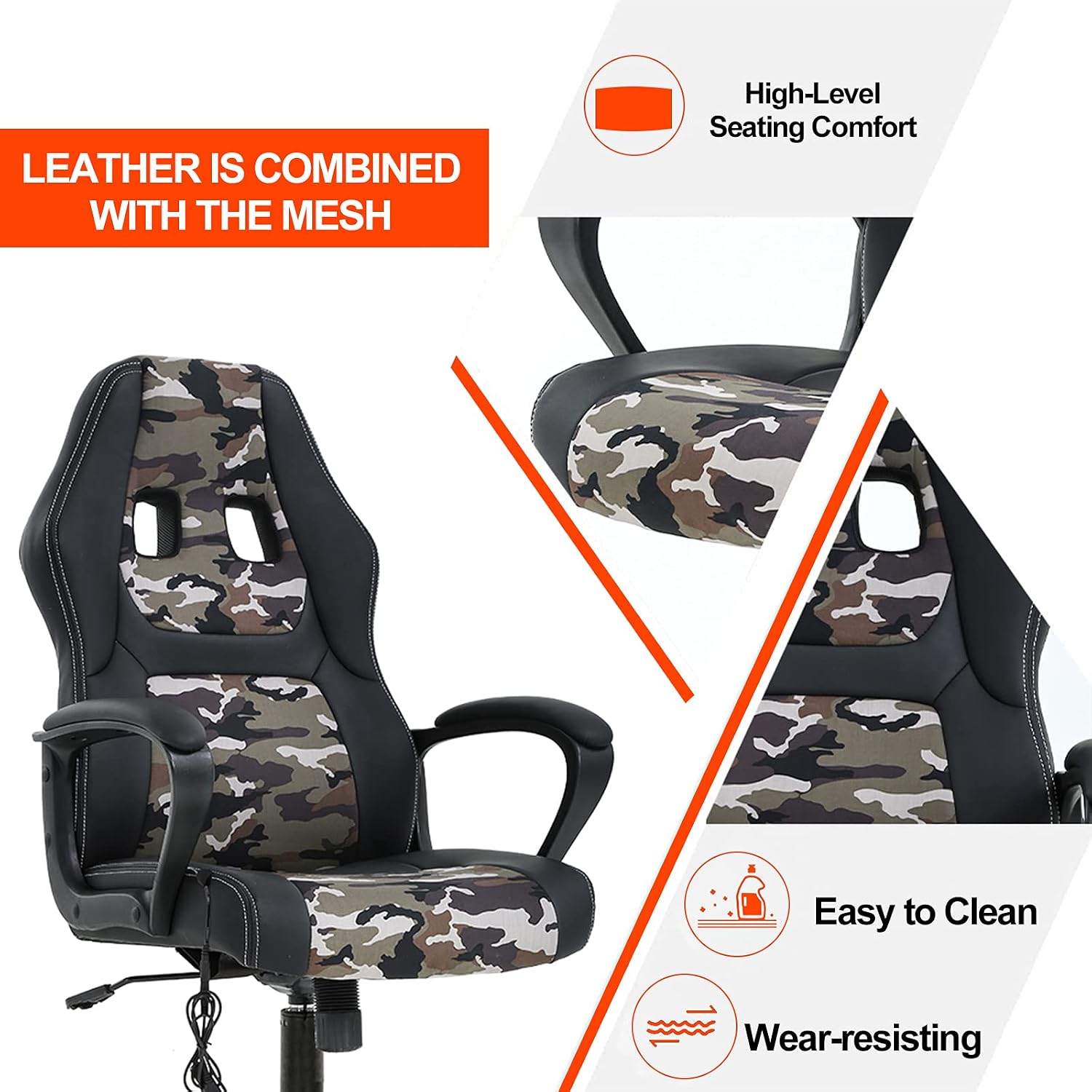 Comfortable Office Chair Massage Office Chair PC Gaming Chair Ergonomic Chair Desk Chair with Lumbar Support Headrest PU Leather Executive High Back Computer Chair Adults, Camo, 20.3x20.1x45.7inch