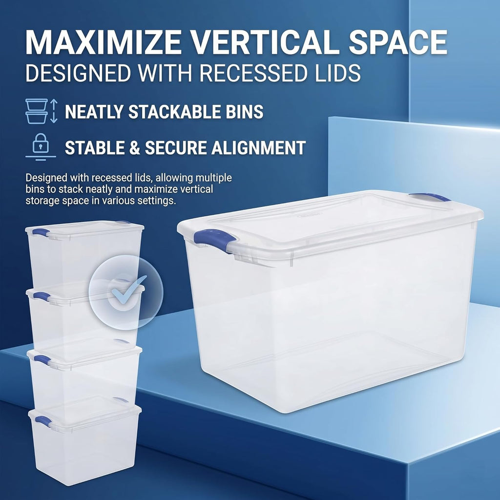 66 Quart Clear Plastic Storage Bins with Latching Lids, Large Stackable Container Boxes for Home, Closet, and Garage Organization, Blue Latch