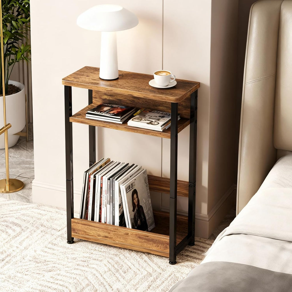 Garvee Narrow Side Table, 3-Tier Slim End Table with Storage Shelf, Modern Sofa Thin Side Tables for Narrow and Small Spaces, Skinny Bedside Tables Nightstand with Magazine Rack Space Saving Brown