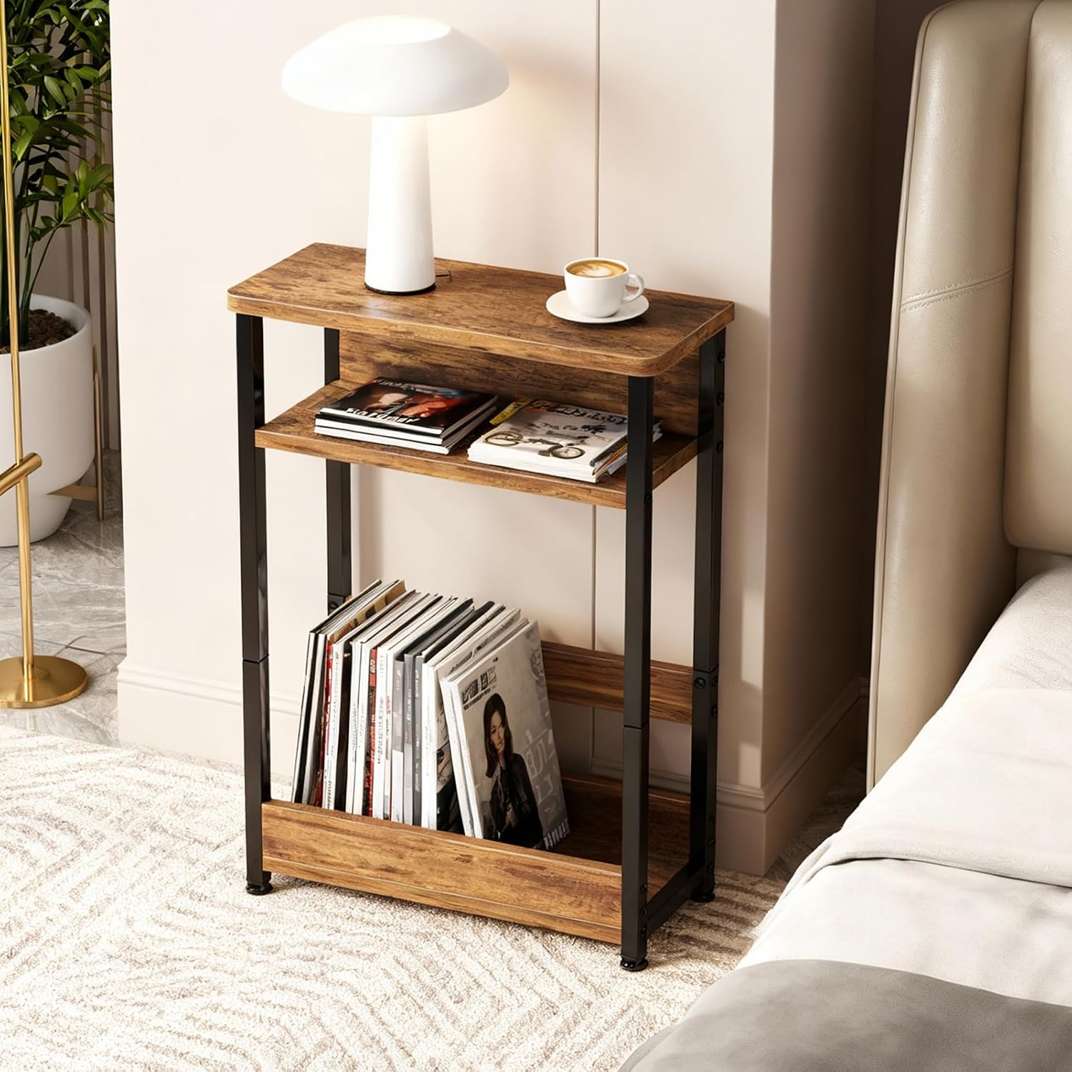 Garvee Narrow Side Table, 3-Tier Slim End Table with Storage Shelf, Modern Sofa Thin Side Tables for Narrow and Small Spaces, Skinny Bedside Tables Nightstand with Magazine Rack Space Saving Brown