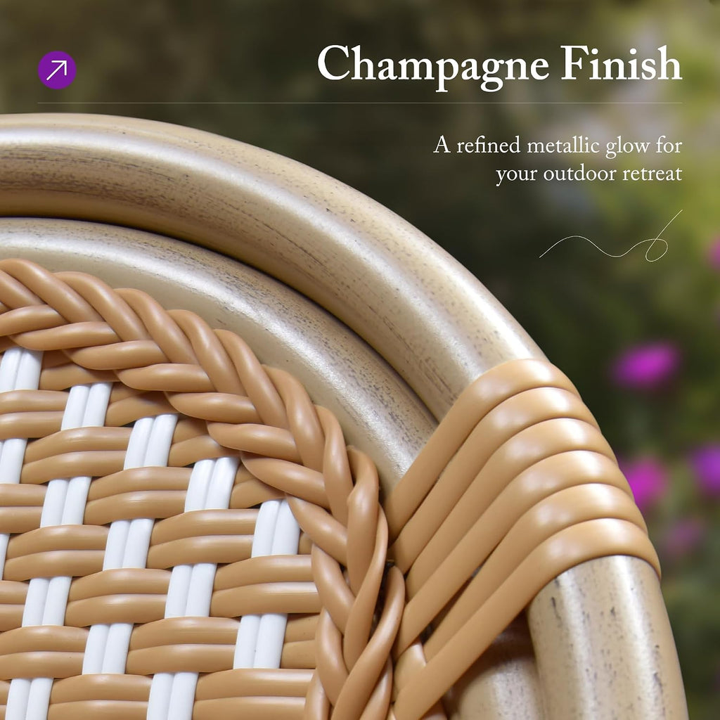PURPLE LEAF Outdoor Dining Chair Set of 4 Patio French Aluminium Frame in Champagne Finish with Amber & White Woven Rattan for Indoor Kitchen Deck Bistros Cafe Restaurant