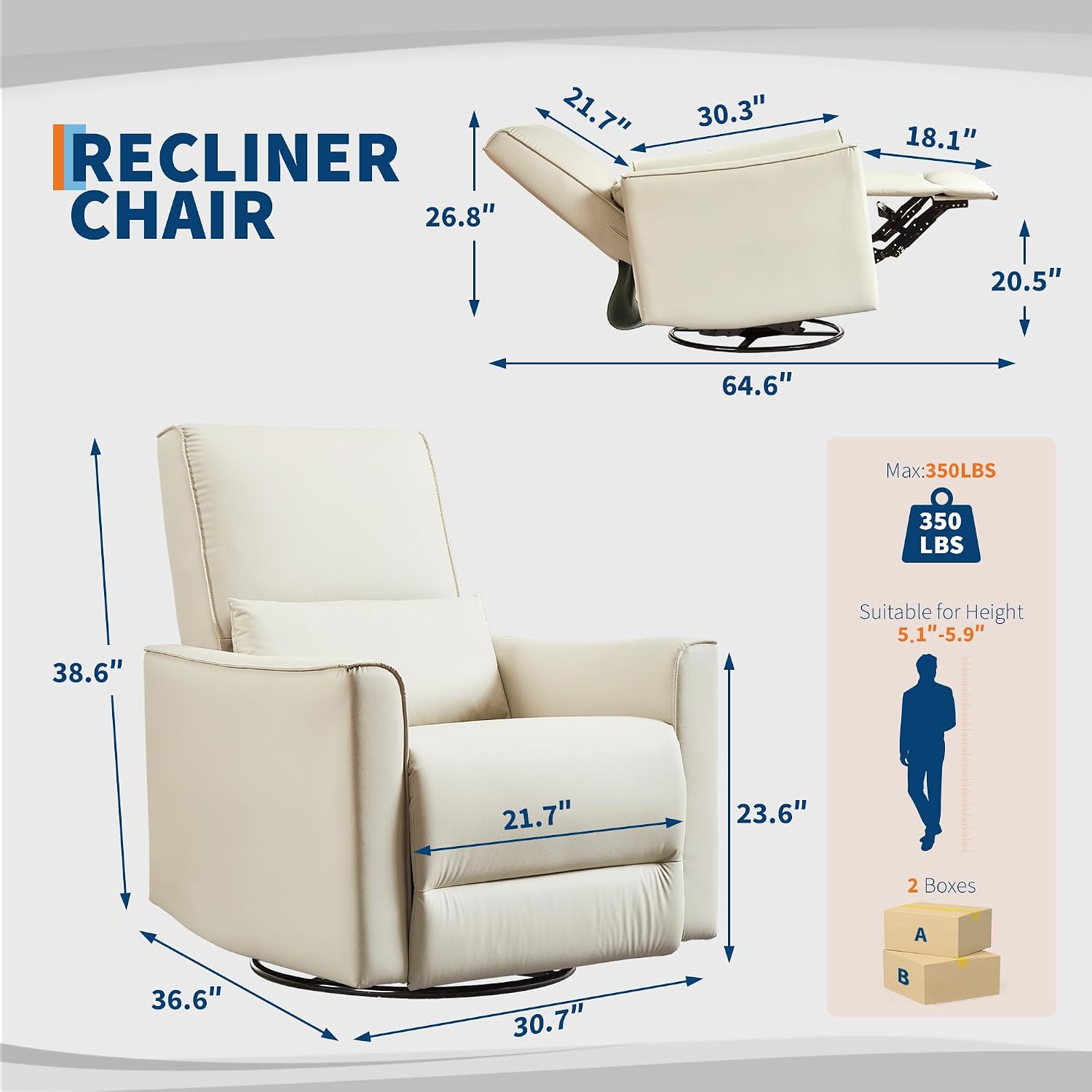 IDEALHOUSE Swivel Rocking Nursery Recliner Chair Rocker Recliner Glider Deep Seat PU Leather Sofa Chair with high Backrest for Nursery, Living Room, Bedroom & Home Movie Theater (White)