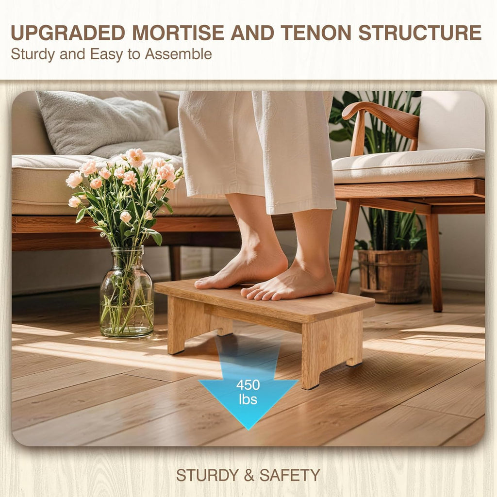 Solid Wood Stool Wooden Step Stools for Adults Kids with Anti-Slip Feet, Heavy Duty Stepping Stools with 450-LBS Capacity for Bedroom Kitchen Bathroom, Bed Steps for High Beds