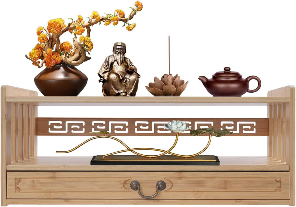 Meditation Table, 3-Tier Bamboo Altar Floor Tables for Spiritual, Puja Table with Drawer for Prayers, Worship or Bamboo Furniture for Displaying Plants and Books