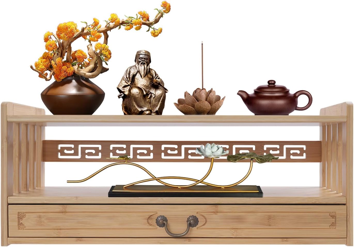 Meditation Table, 3-Tier Bamboo Altar Floor Tables for Spiritual, Puja Table with Drawer for Prayers, Worship or Bamboo Furniture for Displaying Plants and Books