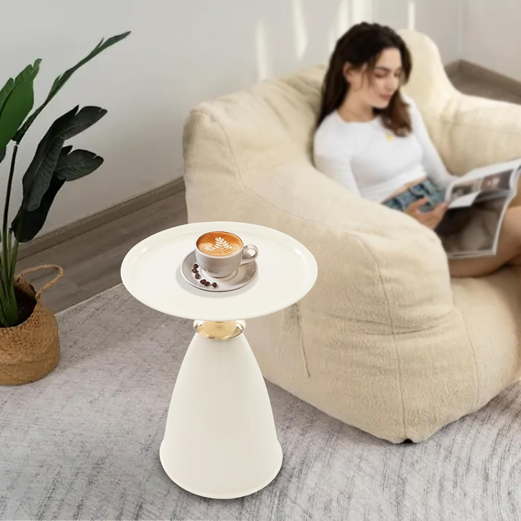 Small Drink Pedestal End Table, Modern Round Metal Pedestal Accent Tables, 15.35x221.65in Bullet Head Shaped Side Table for Living Room, Bedroom, Stable Base (Creamy White)