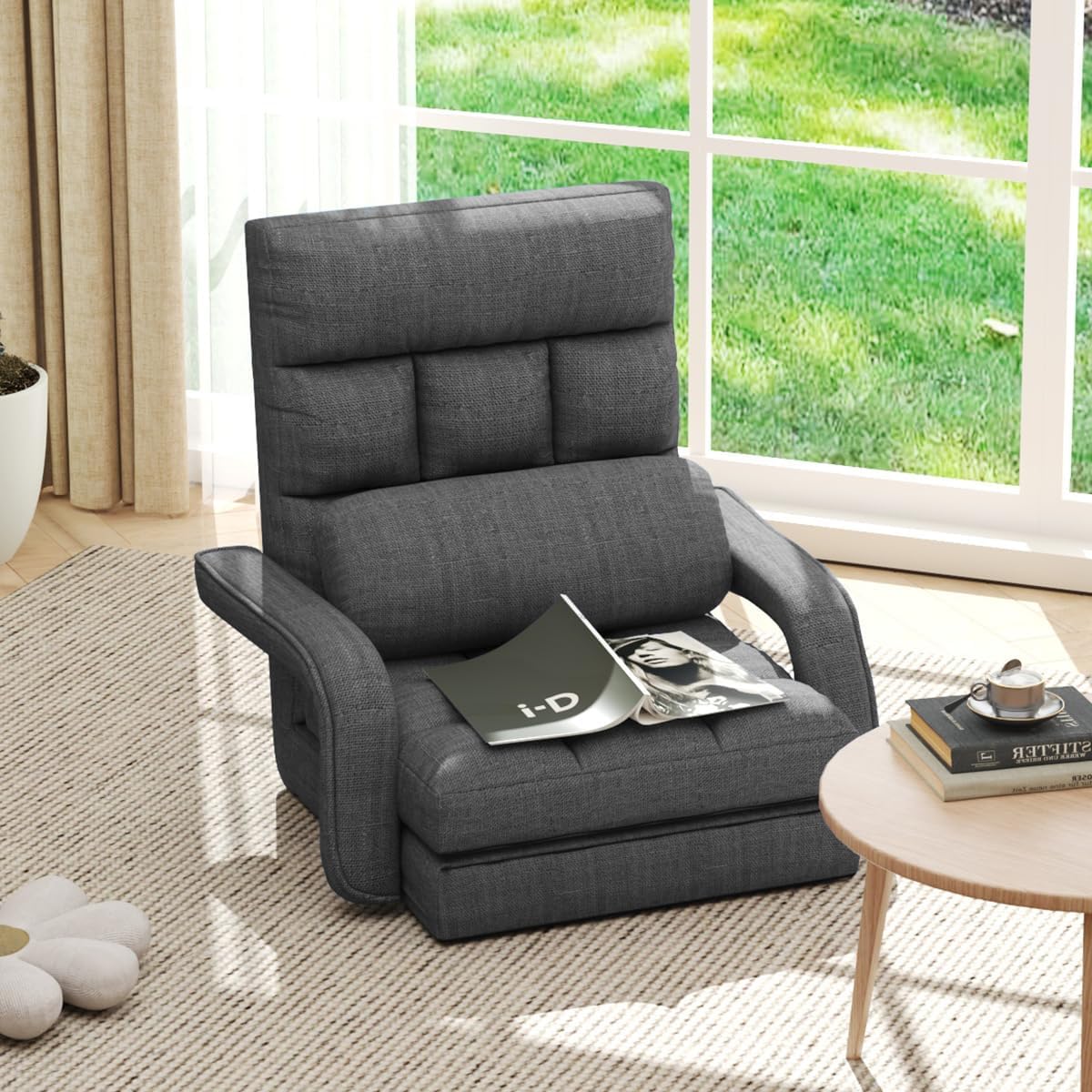Floor Gaming Chair, 6 Position Adjustable Indoor Chaise Lounge Chair for Teens Adults, Padded Folding Meditation Sofa Chair with Armrests and Pillow Comfy Chair for Teens, Adults, Pets - Black