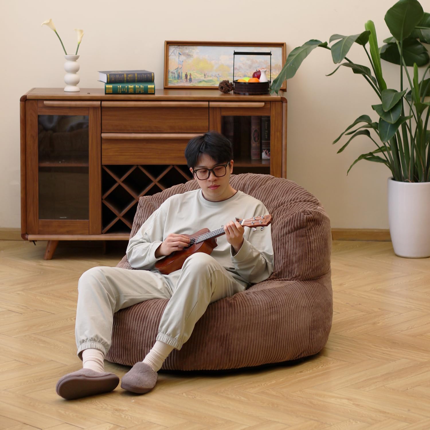 N&V Large Crescent Bean Bag Chair, Adult Size Bean Bag Sack, Foam Filling, Soft Premium Corduroy Bean Bag for Living Room Bedroom Dorm and Office (Brown Sugar)