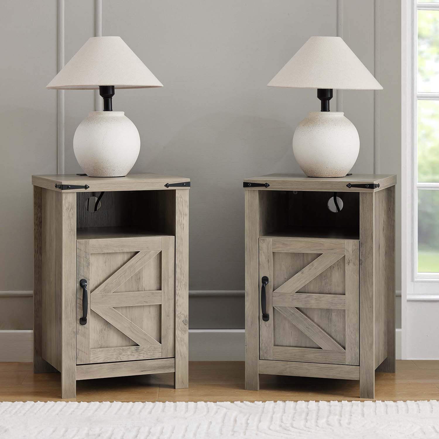 Grey Farmhouse Nightstand Set of 2, End Tables Set with Charging Station, Night Stand with Door and Storage Shelf, Sofa Side Table Living Room, Bedside Table for Bedroom