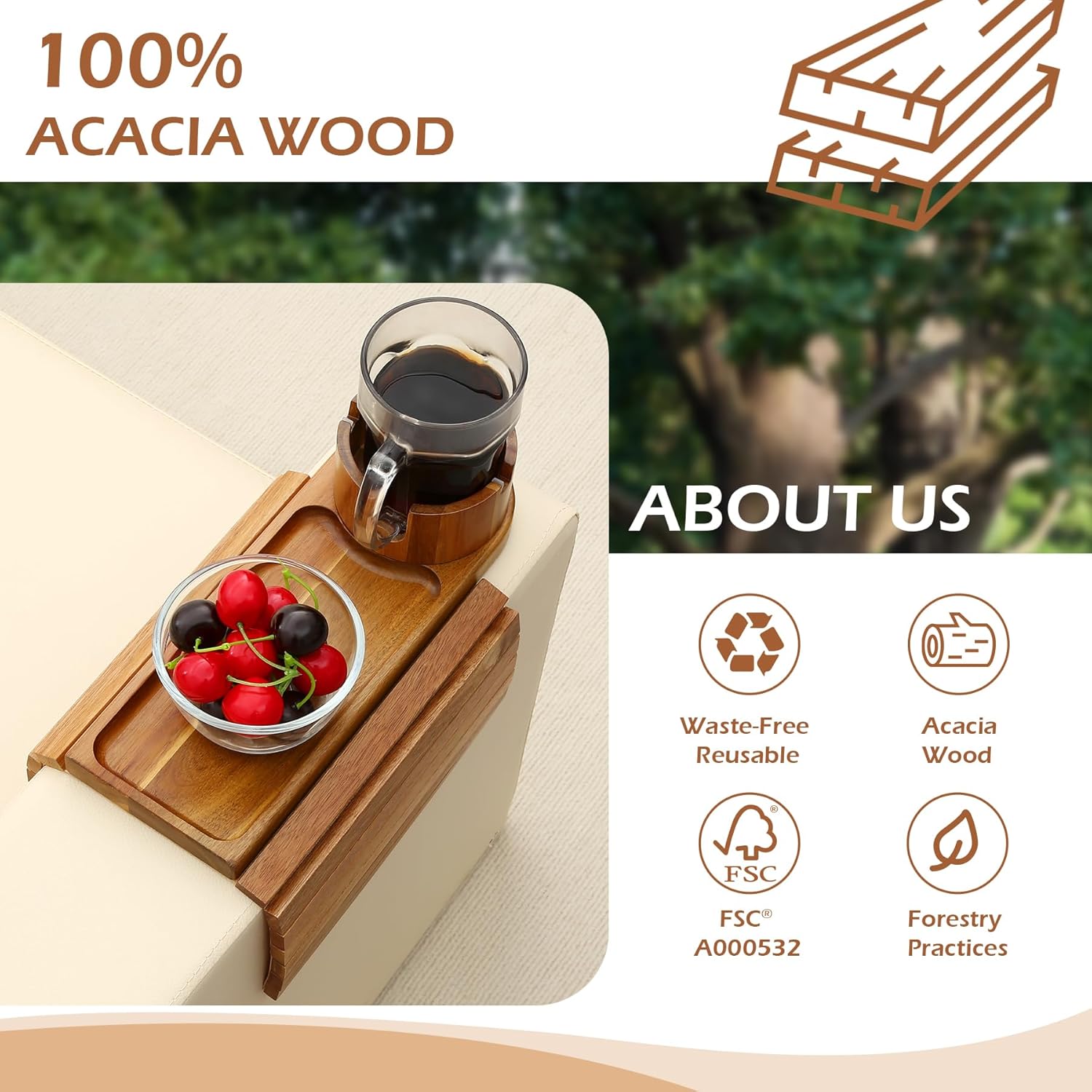 Couch Cup Holder Tray, 15.75" Acacia Wood Couch Armrest Table, 3 in 1 Foldable Sofa Clip on Side Table with 360° Phone Stand, Armrest Tray for Coffee Snacks