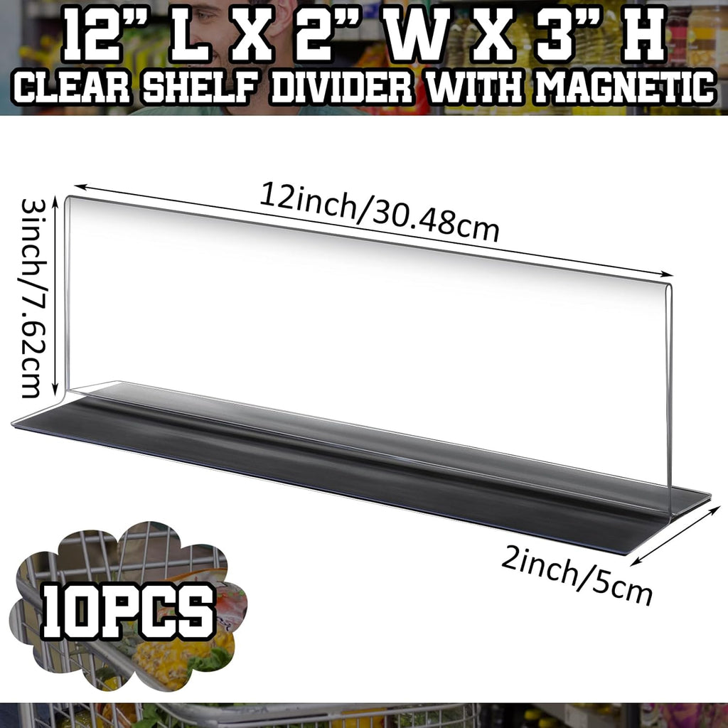 Geelin 10 Pcs Clear Shelf Divider with Magnetic 12" L X 2" W X 3" H Plastic Shelf Separator Closet Divider, Clapboard Baffle for Storage Bedroom Bathroom Kitchen Office Supermarket Organization