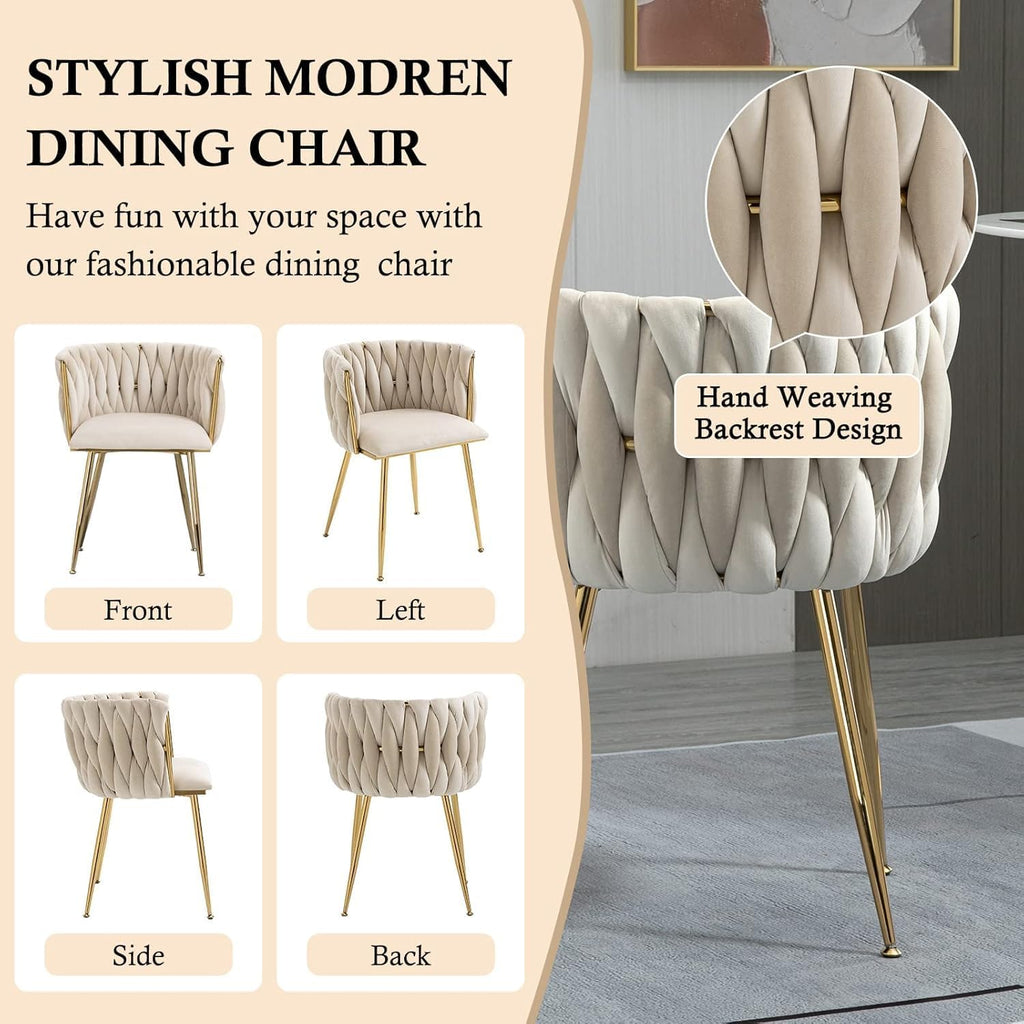 NIOIIKIT Modern Velvet Dining Chairs Hand Weaving Accent Chairs Living Room Chairs Upholstered Side Chair with Golden Metal Legs for Dining Room Kitchen Vanity Living Room (Ivory)