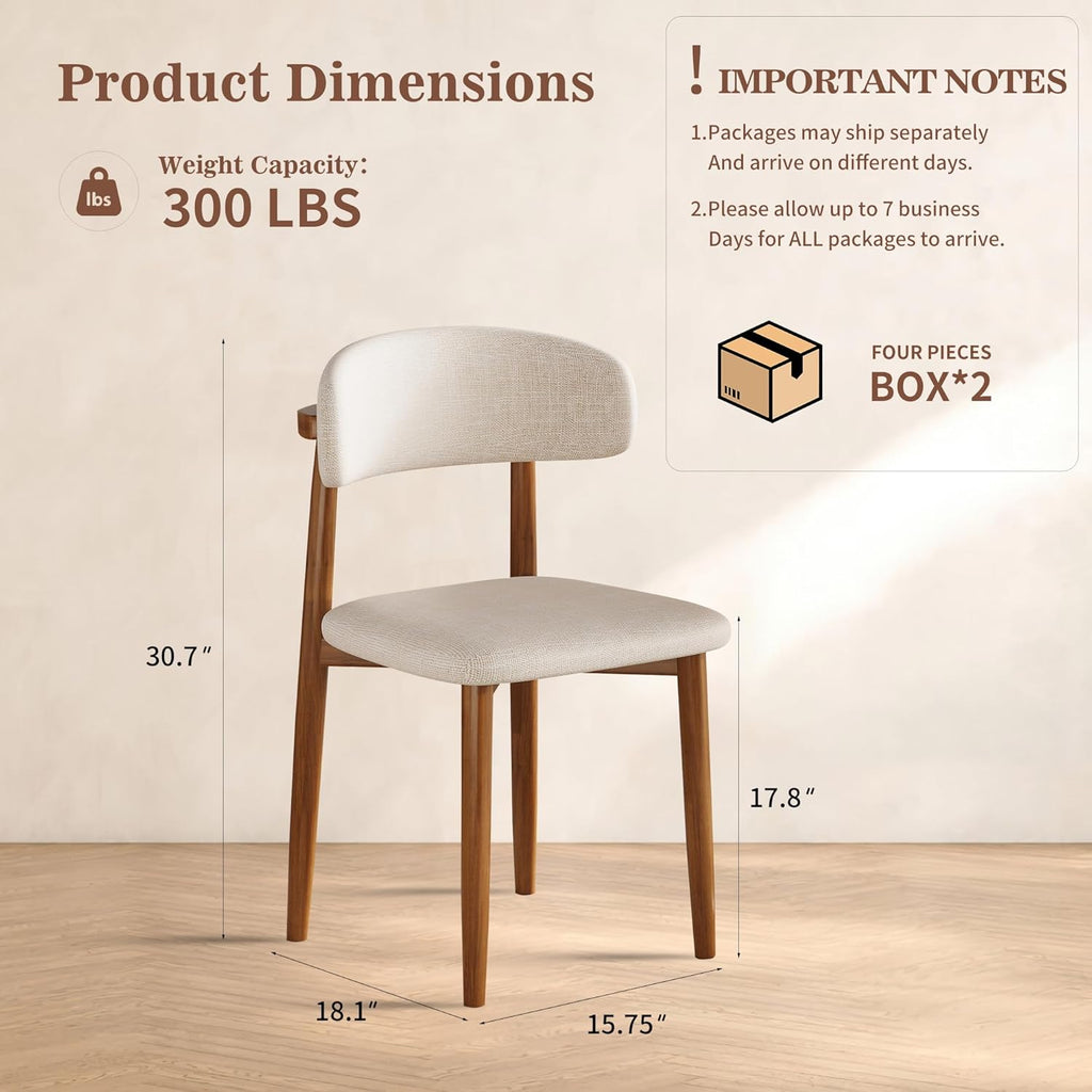 Wooden Dining Chairs Set of 4 Mid Century Modern Upholstered Farmhouse Dining Room Chair with Solid Wood Legs, Fabric Kitchen Side Chairs with Ergonomic Curved Backrest