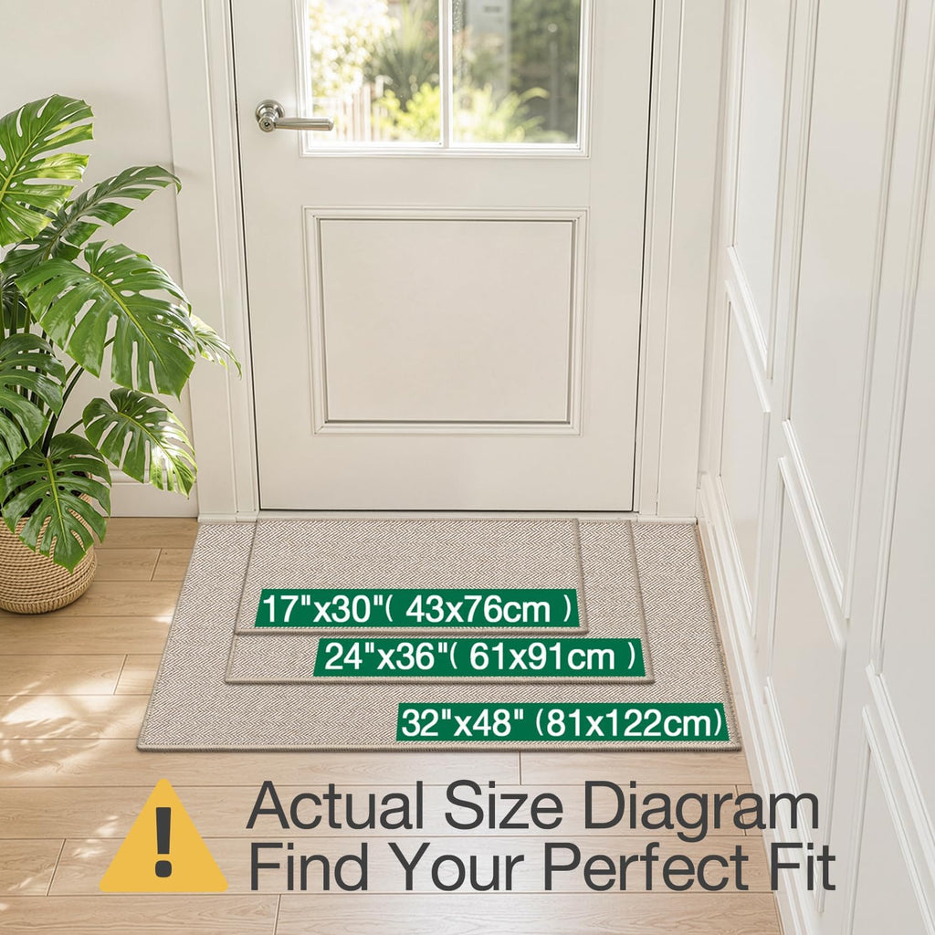 LUMI Ultra Thin Indoor Door Mat for Entrance 24"x36", Non Slip Entryway Mat, Low Profile Doormat, Unique Herringbone Design Carpet for Inside, Patio, Porch, Beige