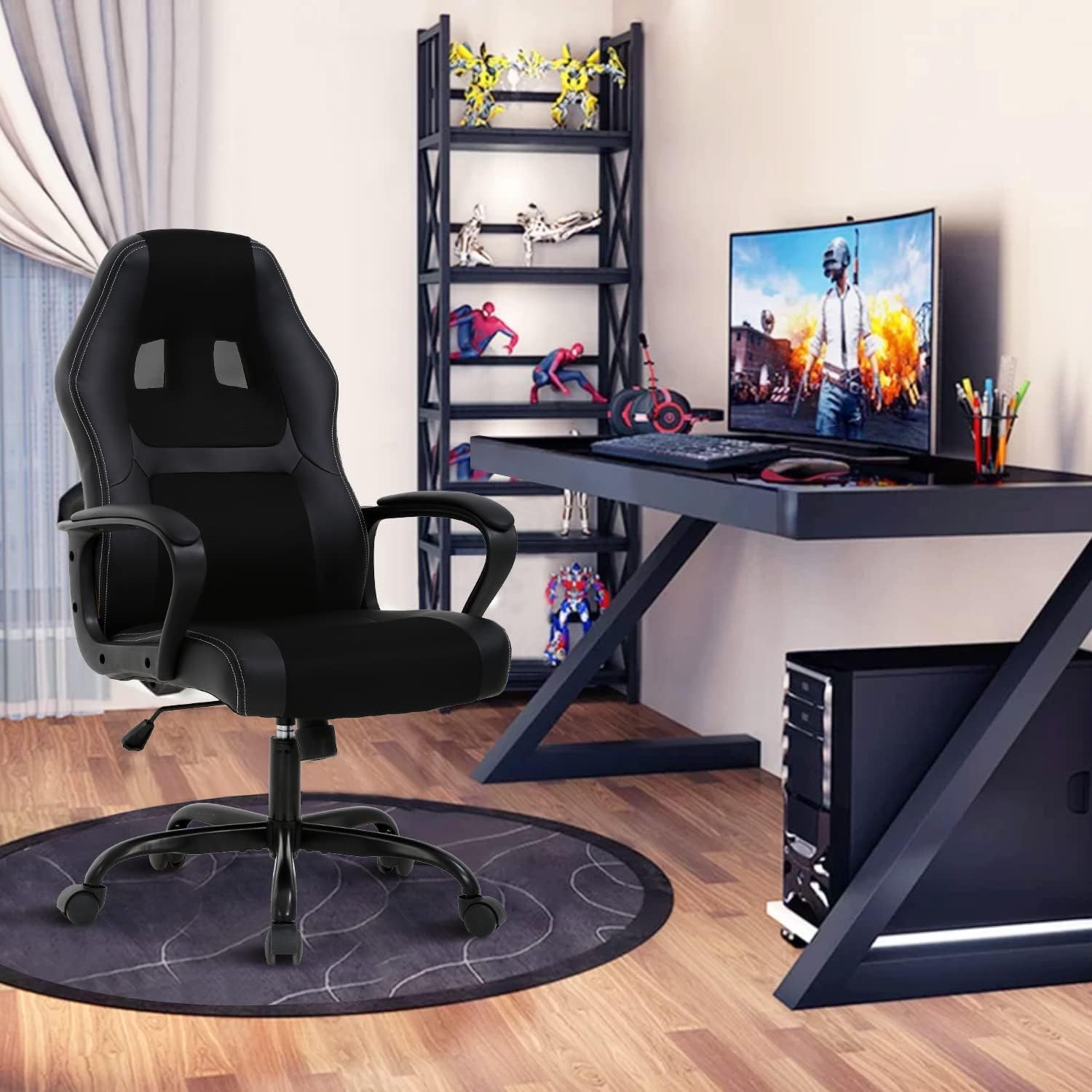 Executive PC Gaming Chair with Lumbar Support & Headrest - Ergonomic Leather Racer Task Chair for Home Office Gaming Room - Heavy Duty & Comfortable (Black)